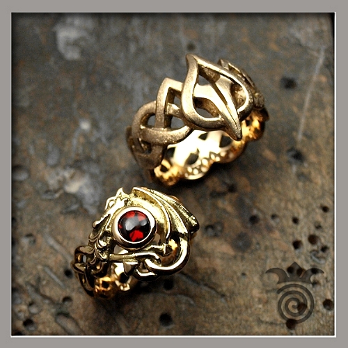 Alliances dragons et entrelacs or jaune et grenat