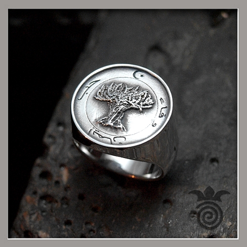 Chevaliere argent arbre olivier et texte en arabe