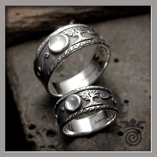 Duo d'alliances-argent-pierre de lune-arbre-de-vie-motifs-personnalis�s